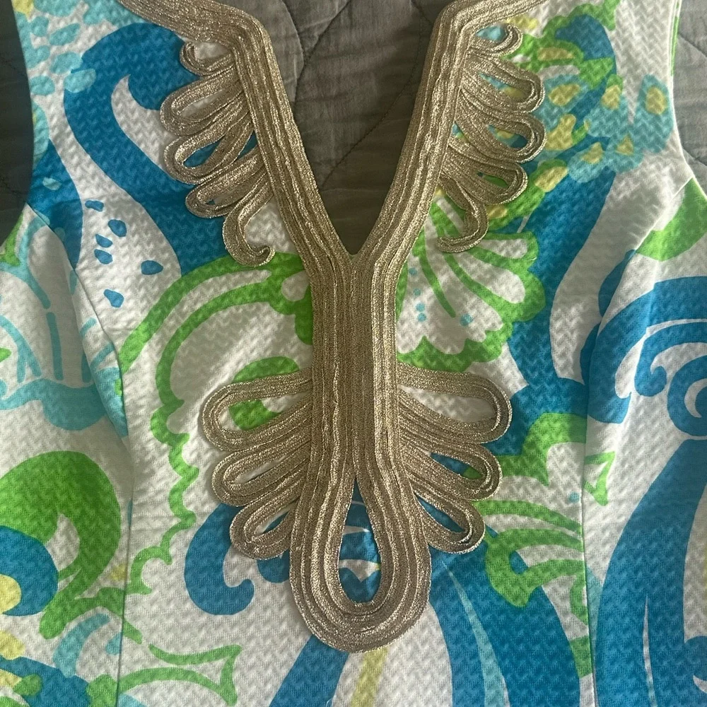 Lilly Pulitzer Blue White Green Printed Midi Dress with Gold Trim - Picture 10 of 10